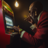 A man, 50 years old playing a red and white slot machine