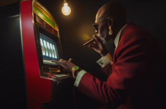A man, 50 years old playing a red and white slot machine