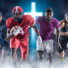 Four diverse sports players engaged in their individual activities: football, soccer, baseball, and tennis
