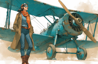 A young woman, dressed in a long pilot’s jacket