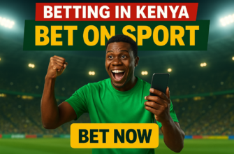 Excited man in a green shirt holding a smartphone at a stadium with text promoting sports betting in Kenya.