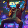 A euphoric man in his 30s jumping with joy after winning